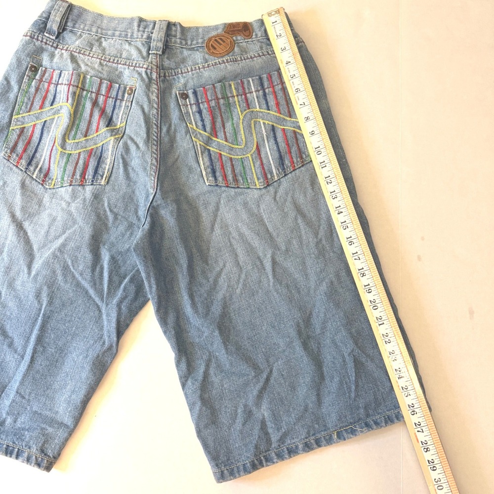 Nu Wear Mens Baggy Denim Shorts Blue Rainbow Embroidery Jorts Size 34 90s Y2K - Picture 7 of 11